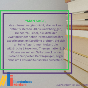 „Man sagt, das Internet vergisst nicht, aber es kann definitiv sterben. All die unabhängigen, kleinen YouTuber, die Mitte der Zweitausender neben ihrem Studium ihre experimentellen Kurzfilme drehten, die sich an keine Algorithmen hielten, die willkürliche Längen und Themen hatten […]. Videos aus reinem Selbstzweck, ohne Patreon-Supporter-Danksagungen, sogar ohne um Likes und Subscribes zu betteln.“