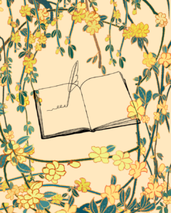 Grafik von einem leeren Buch mit Feder auf einem blumigen, gelben Hintergrund
