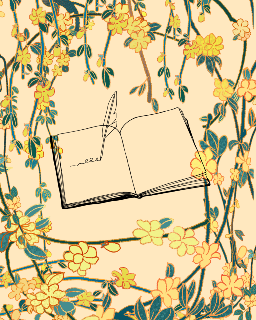 Grafik von einem leeren Buch mit Feder auf einem blumigen, gelben Hintergrund